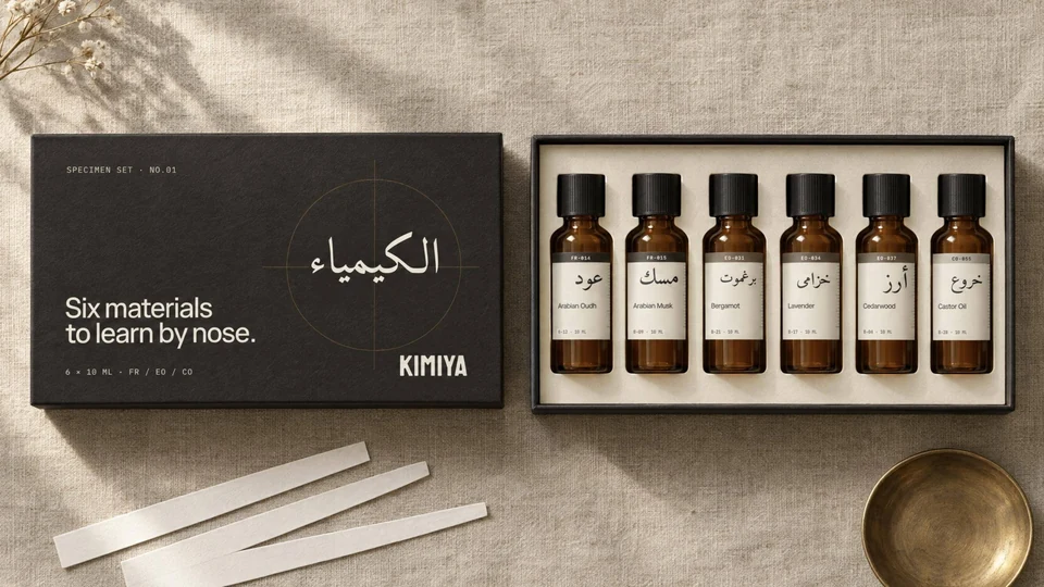 Specimen set box with six labelled vials on linen