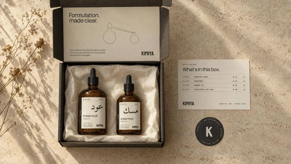 Open KIMIYA mailer with bottles, batch record card and seal