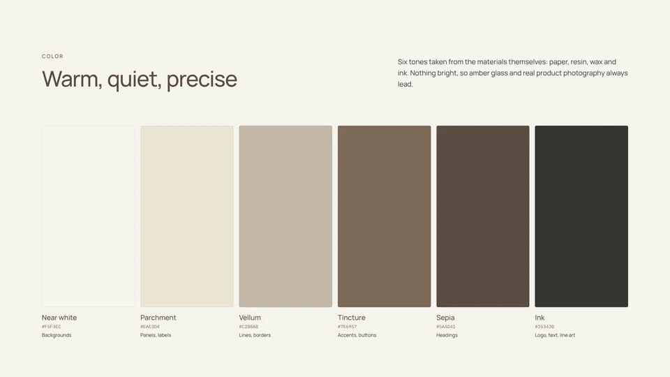 Six-color palette from Near white to Ink with hex values