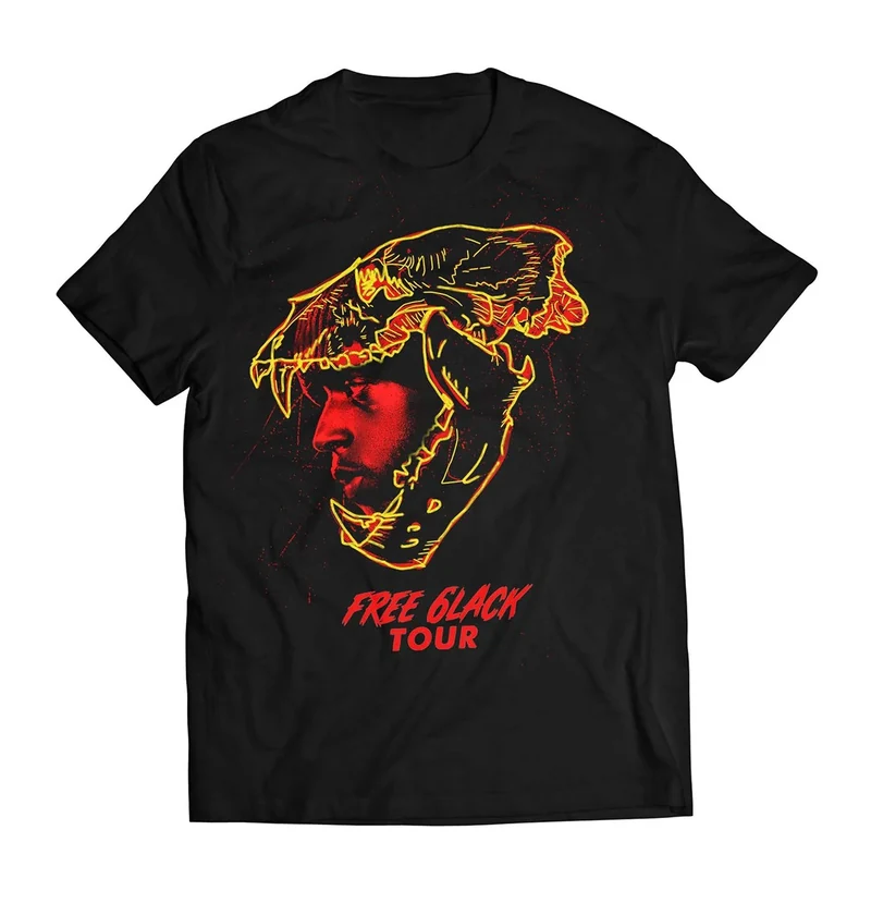 Black tee mockup with a red portrait and yellow linework.