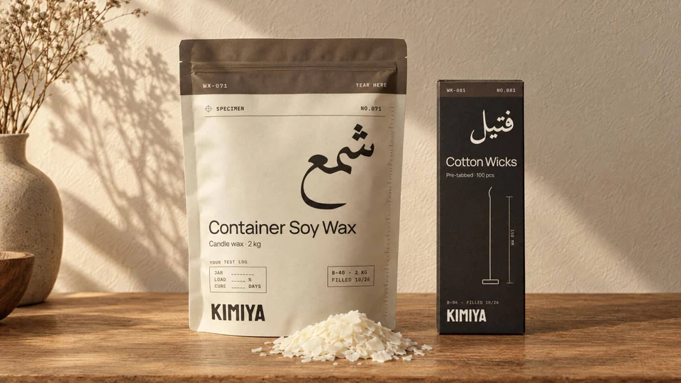 KIMIYA soy wax pouch and cotton wick carton on a wooden bench