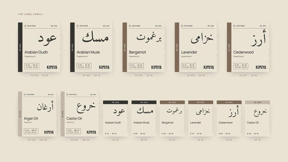 The full KIMIYA label family laid flat, 30 ml, 100 ml and 10 ml labels