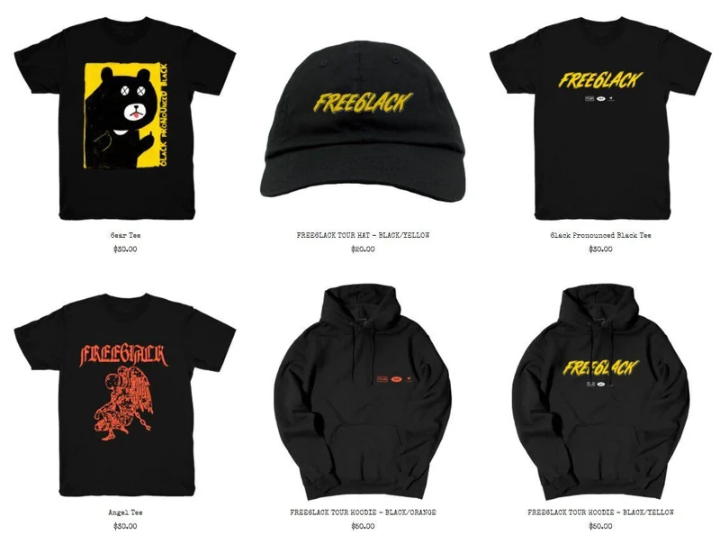 FREE 6LACK tour merchandise overview with tees, a cap, and hoodies.