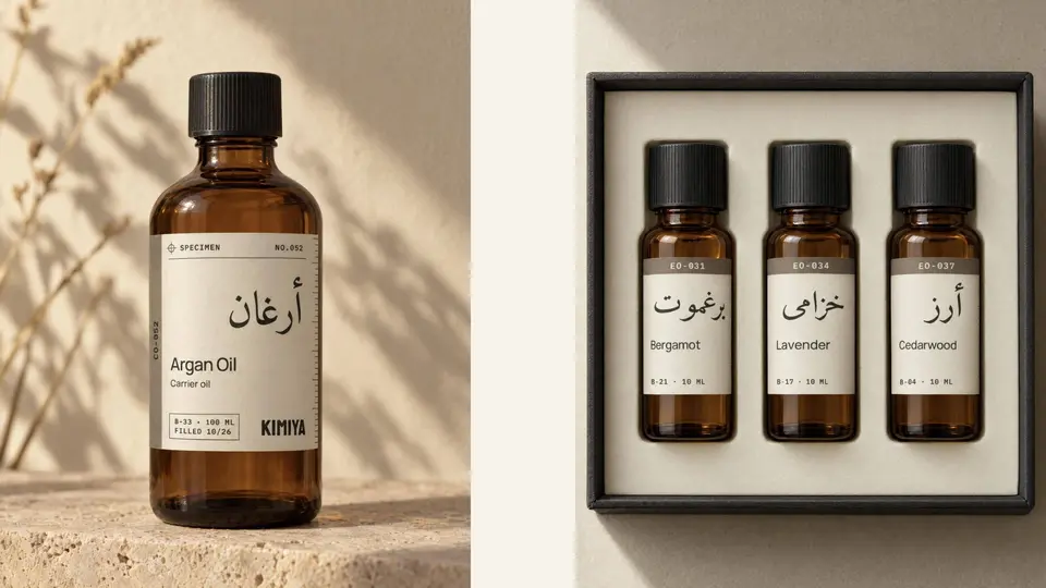 Close-ups of the Argan Oil label and three specimen vials