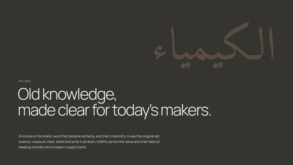 Brand idea slide reading Old knowledge, made clear for today's makers, with the Arabic word al-kimiya