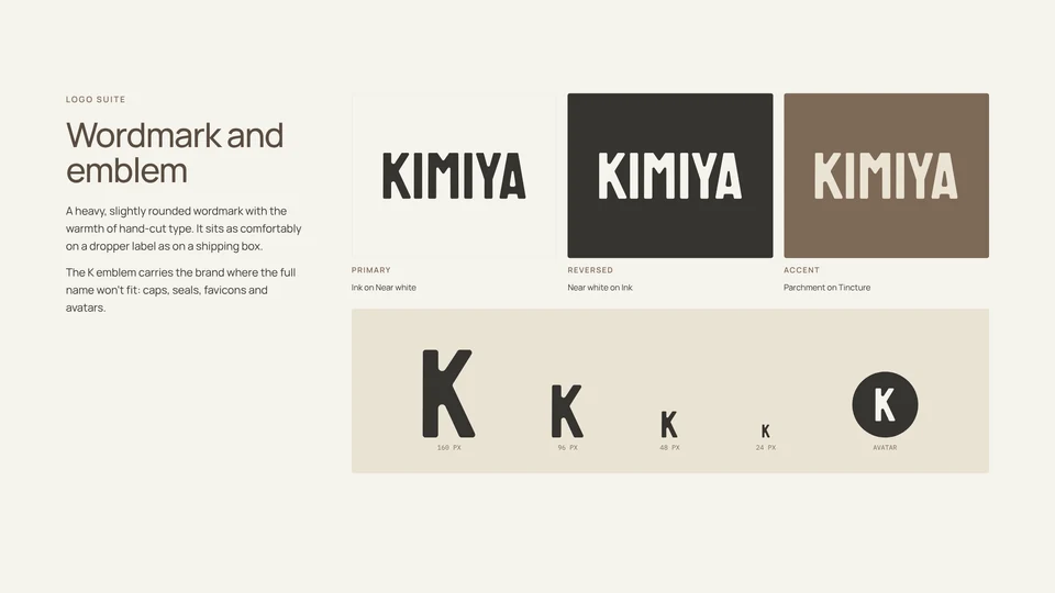KIMIYA wordmark in three colorways and the K emblem at four sizes and as an avatar