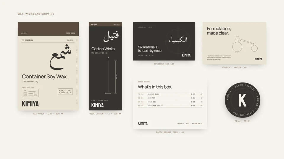 Flat print pieces: wax pouch, wick carton, kit lid, mailer lid, record card and seal